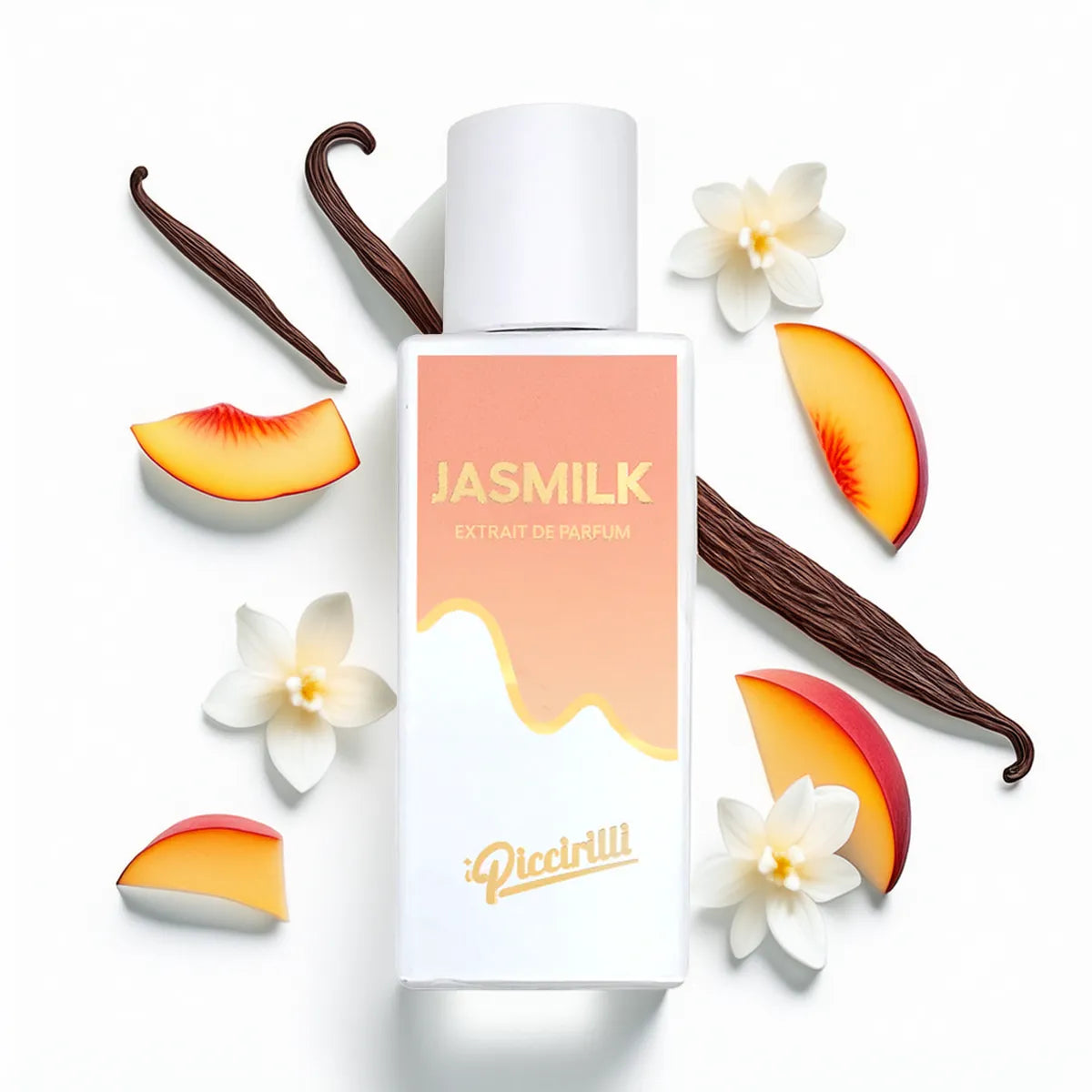 Jasmilk Extrait de Parfum by iPiccirilli perfume bottle with vanilla pods, peach slices, and white jasmine flowers