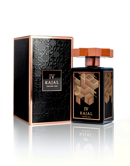 Kajal IV Eau de Parfum luxury black bottle with copper accents and textured black box packaging