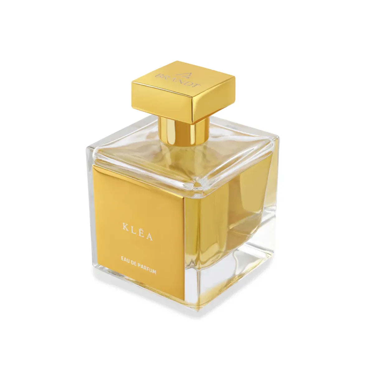 KLEA Eau de Parfum by House of Brandt luxury square glass perfume bottle with gold cap and warm amber fragrance liquid