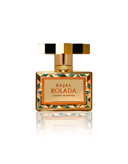 jal Kolada Extrait de Parfum gold perfume bottle with geometric green and orange detailing and luxury cap