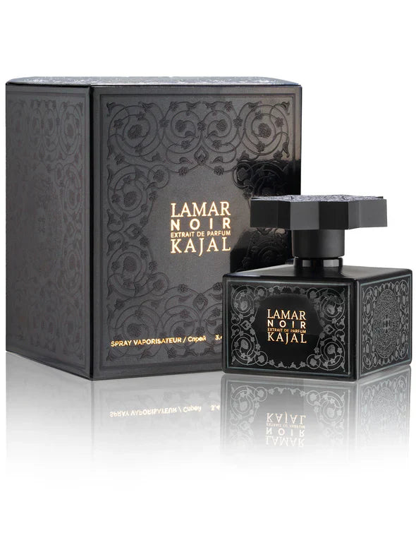 Lamar Noir by Kajal Extrait de Parfum luxury black bottle with ornate detailing and matching dark embossed box packaging