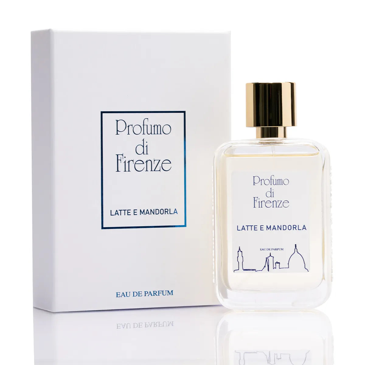 Perfume bottle and packaging of Profumo di Firenze Latte e Mandorla on a white background