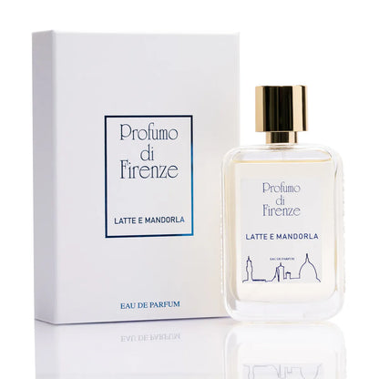 Perfume bottle and packaging of Profumo di Firenze Latte e Mandorla on a white background