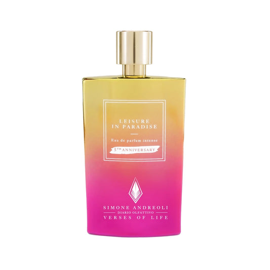 Simone Andreoli Leisure in Paradise 5th Anniversary Eau de Parfum Intense in gradient gold to pink bottle with gold cap on white background
