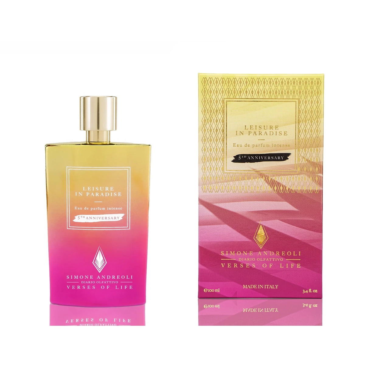 Simone Andreoli Leisure in Paradise 5th Anniversary Eau de Parfum Intense bottle with matching gradient gold and pink packaging box on white background