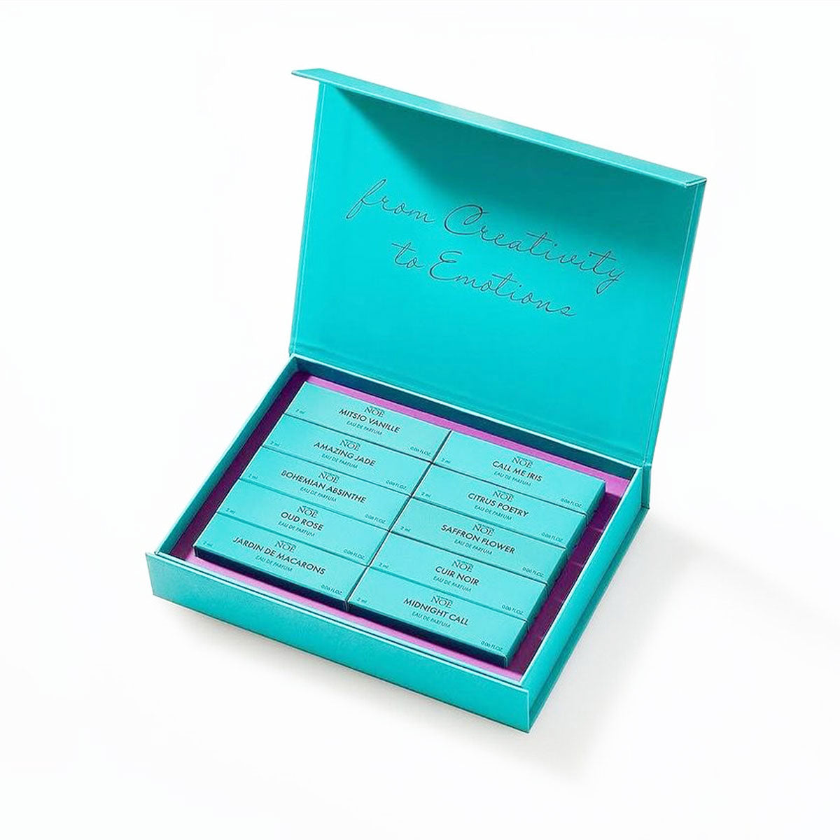 Les Sœurs de Noé Discovery Set luxury turquoise perfume sampler box with multiple fragrance samples displayed in elegant presentation case