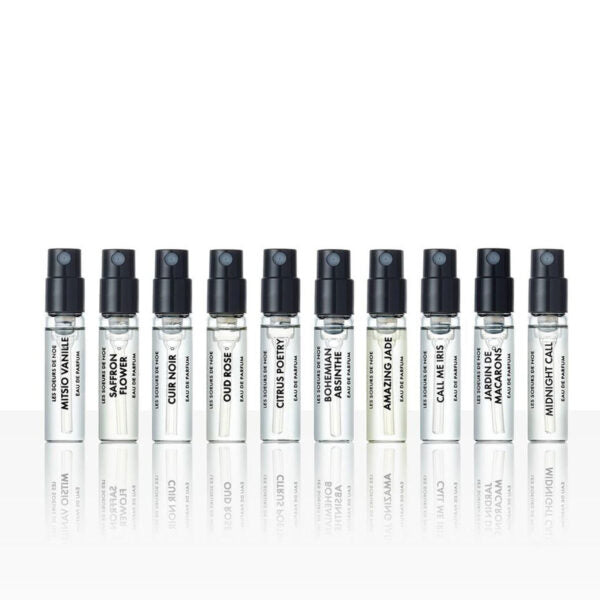 Les Sœurs de Noé Discovery Set perfume samples collection with ten mini spray vials displayed in a row on white background