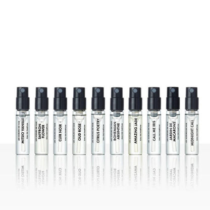 Les Sœurs de Noé Discovery Set perfume samples collection with ten mini spray vials displayed in a row on white background