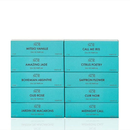 Les Sœurs de Noé Discovery Set Eau de Parfum collection featuring ten 2ml fragrance sample boxes including Amazing Jade, Oud Rose, Citrus Poetry and Midnight Call