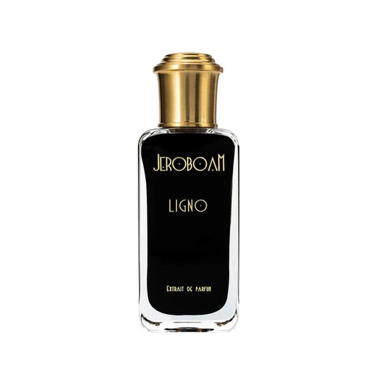 Perfume bottle labeled 'Jeroboam Ligno' with a gold cap on a white background