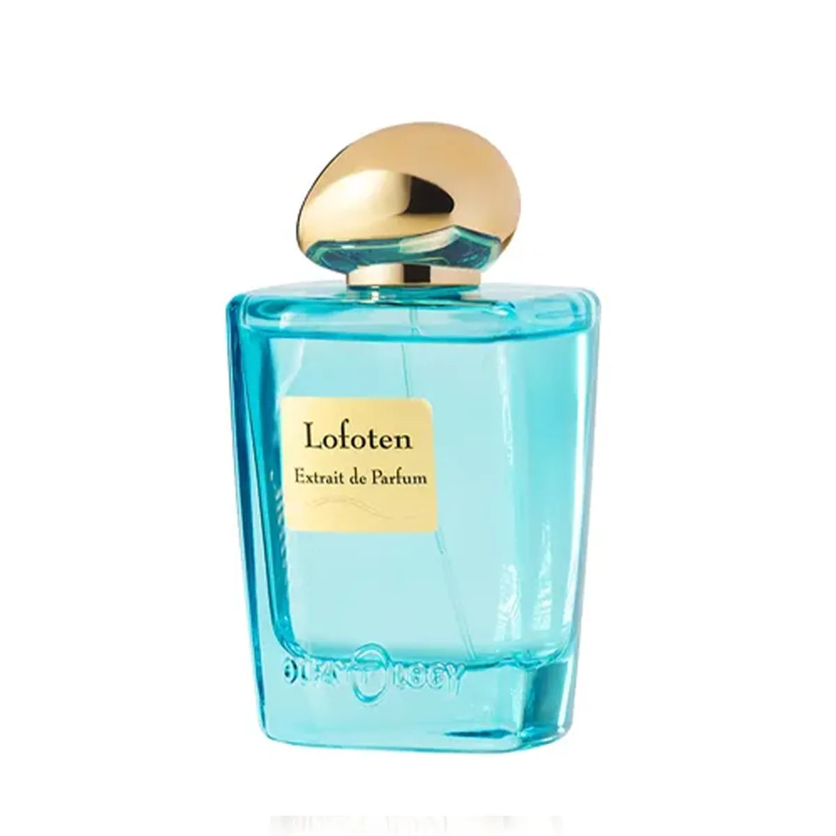 Lofoten by Olfattology Extrait de Parfum turquoise glass perfume bottle with gold cap in clean studio background