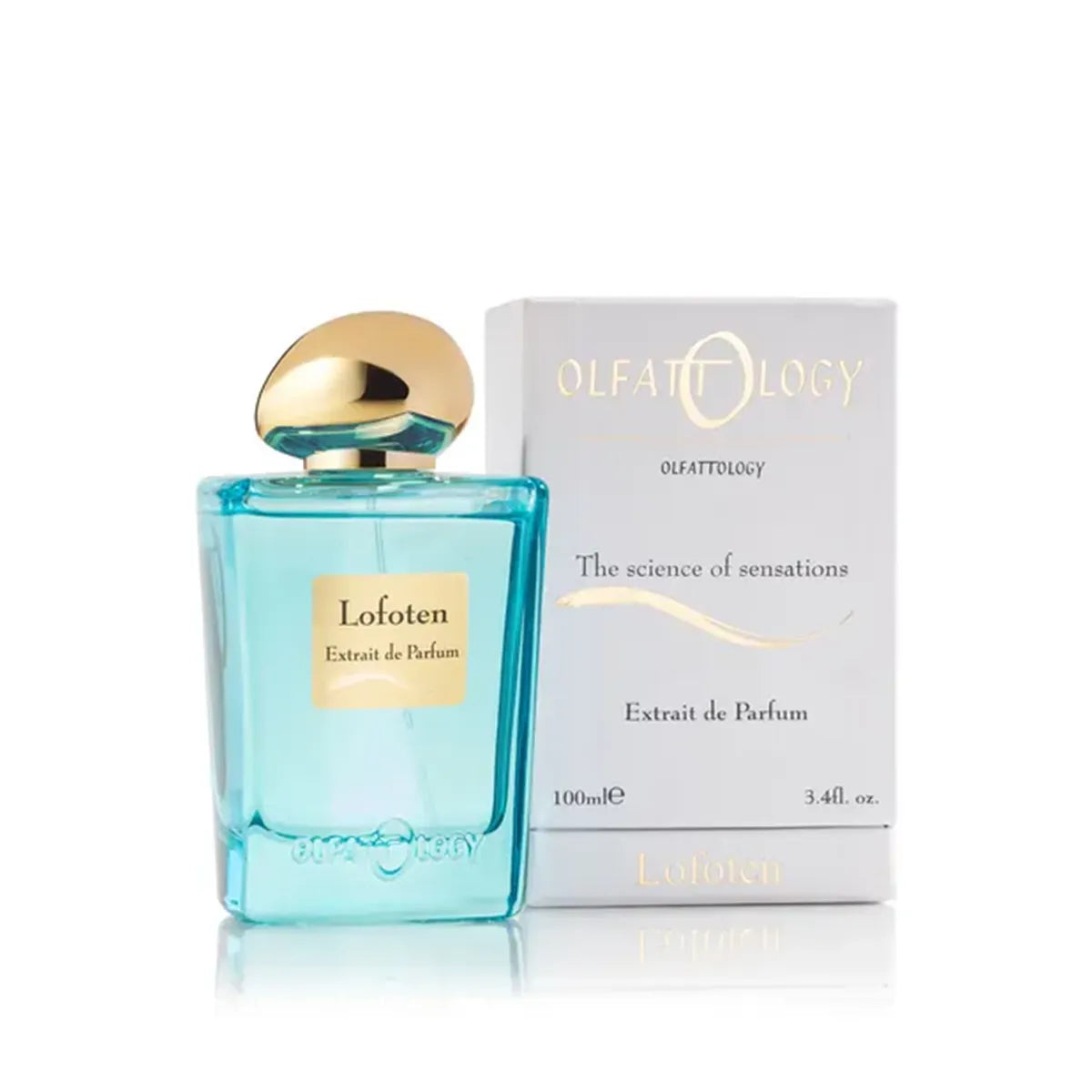 Blue perfume bottle with gold cap and Olfactionary packaging on a white background