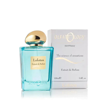 Blue perfume bottle with gold cap and Olfactionary packaging on a white background