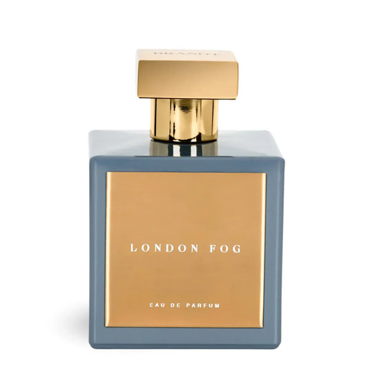 London Fog Eau de Parfum by House of Brandt square blue perfume bottle with gold cap and metallic gold label luxury fragrance product image