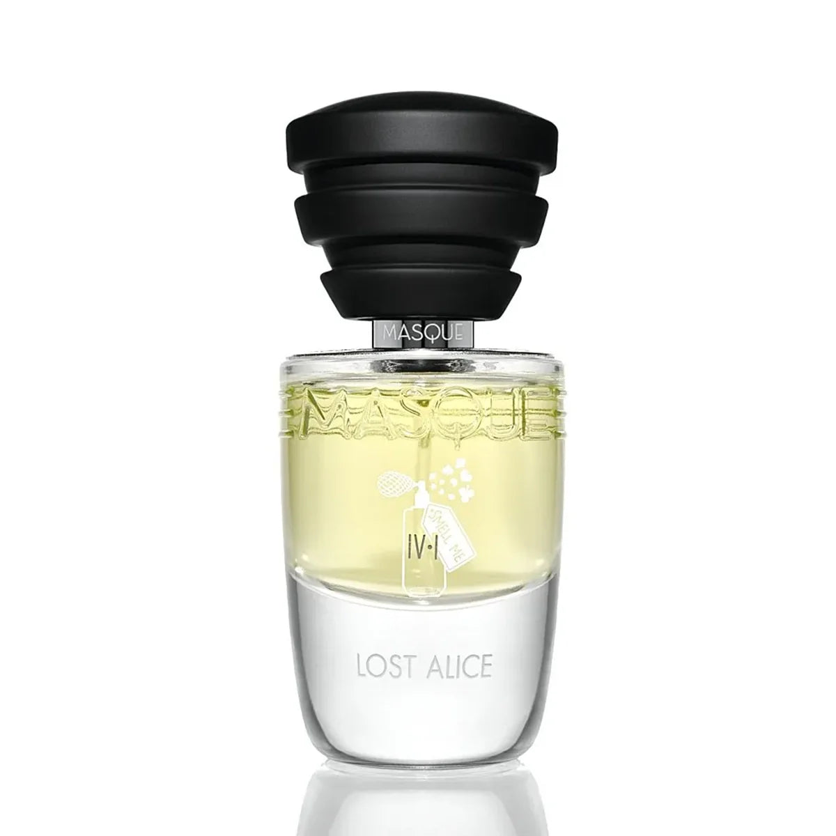 Perfume bottle labeled 'Lost Alice' with a black cap on a white background by Masque Milano