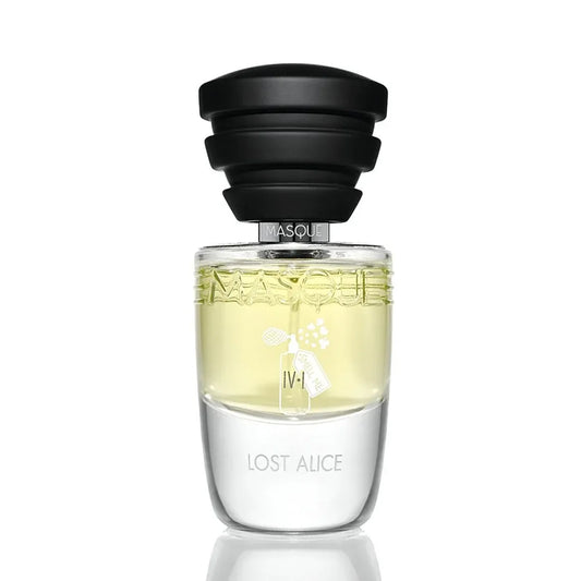 Perfume bottle labeled 'Lost Alice' with a black cap on a white background by Masque Milano