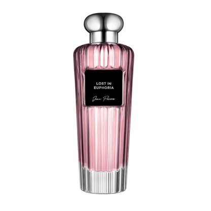 Lost In Euphoria by Jean Poivre luxury pink perfume bottle with silver cap and black label on black background