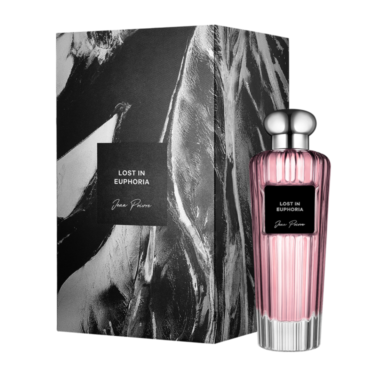 Lost In Euphoria by Jean Poivre luxury pink perfume bottle with silver cap and matching artistic black gift box packaging