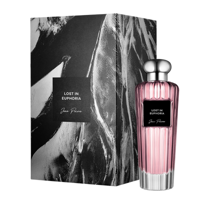 Lost In Euphoria by Jean Poivre luxury pink perfume bottle with silver cap and matching artistic black gift box packaging