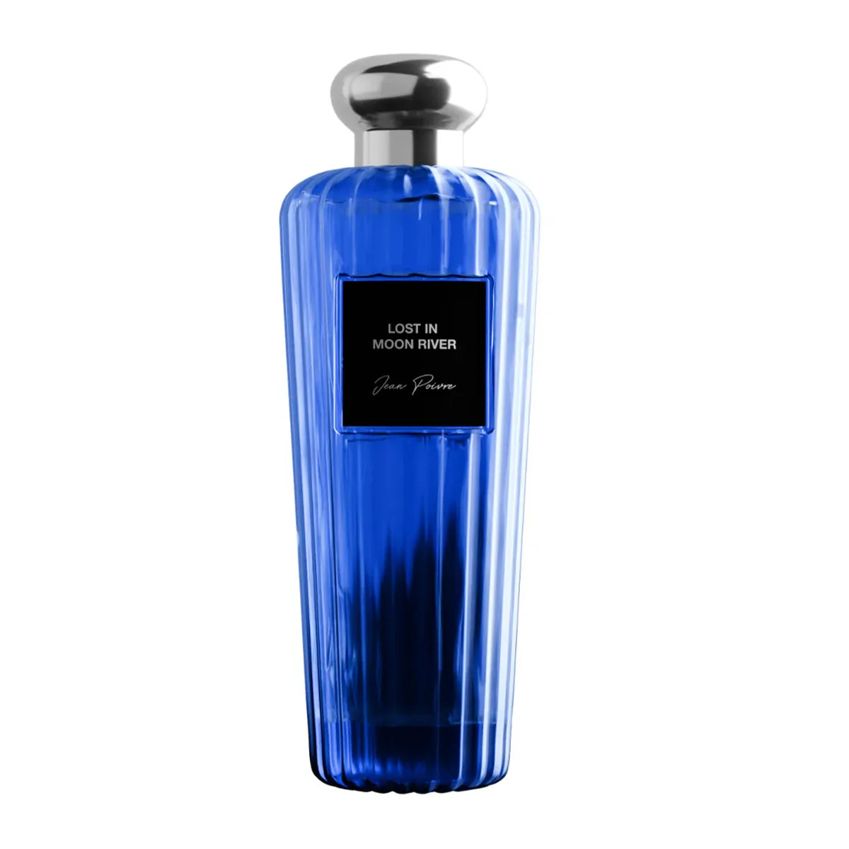 Blue perfume bottle with silver cap on a white background