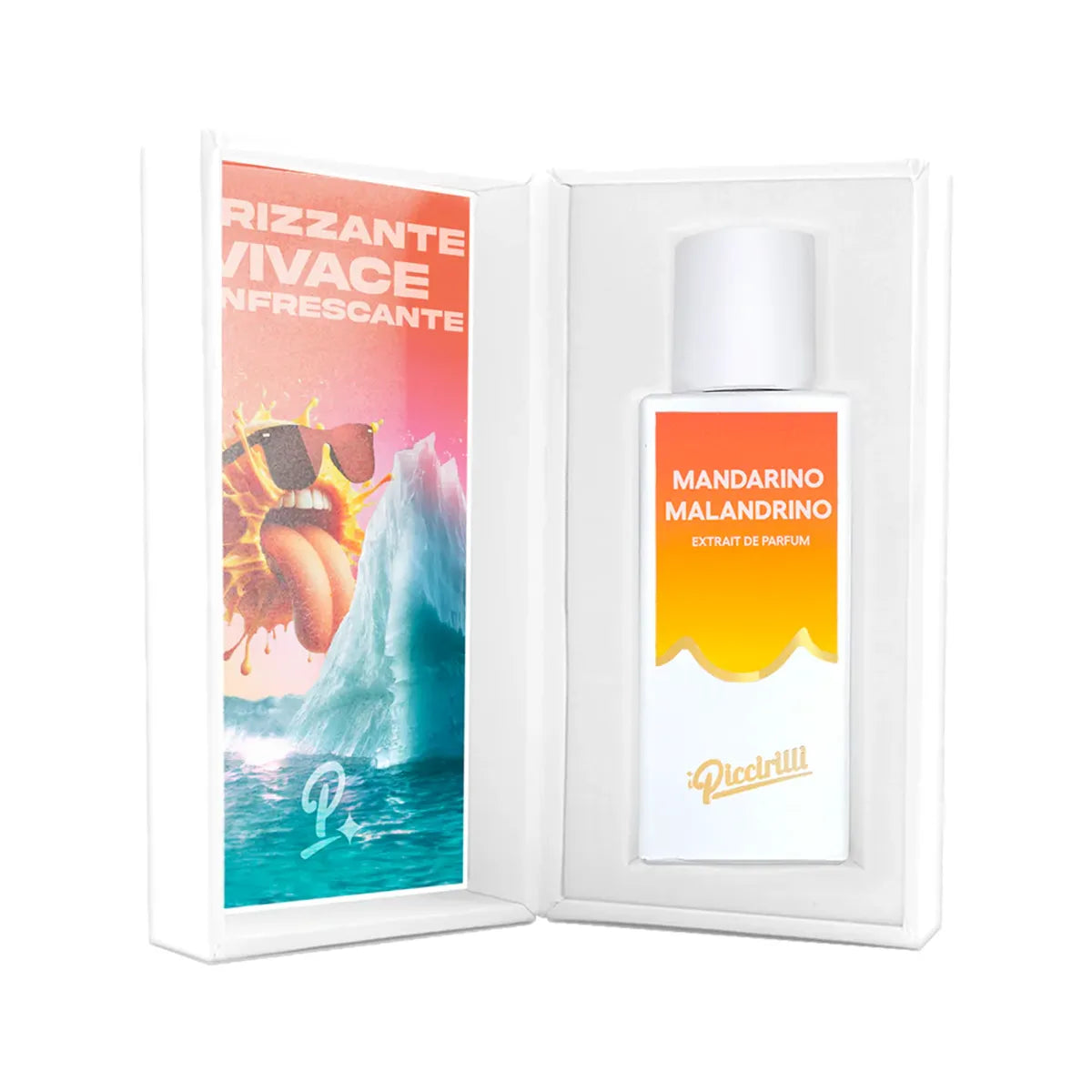Mandarino Malandrino Extrait de Parfum by iPiccirilli bottle in presentation box with vibrant citrus-themed artwork insert