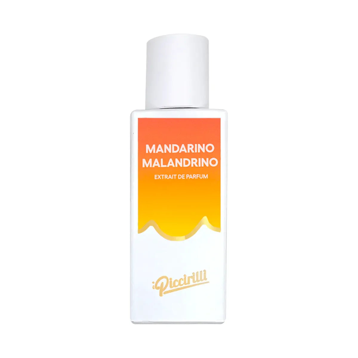 Perfume bottle with orange and white label on a white background