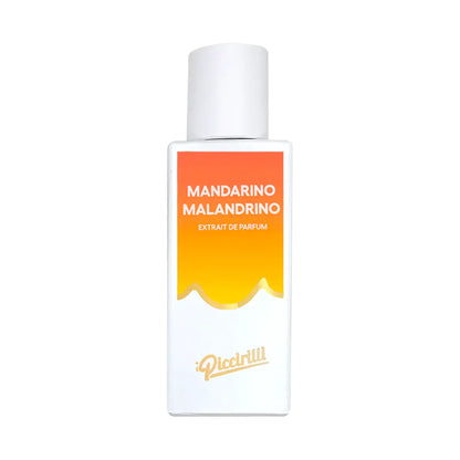 Perfume bottle with orange and white label on a white background