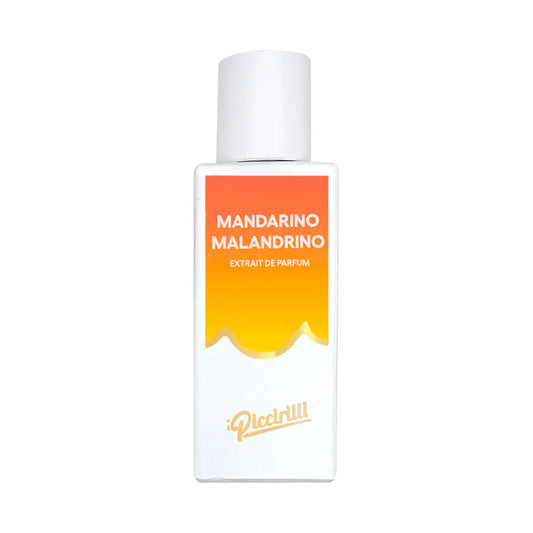 Perfume bottle with orange and white label on a white background