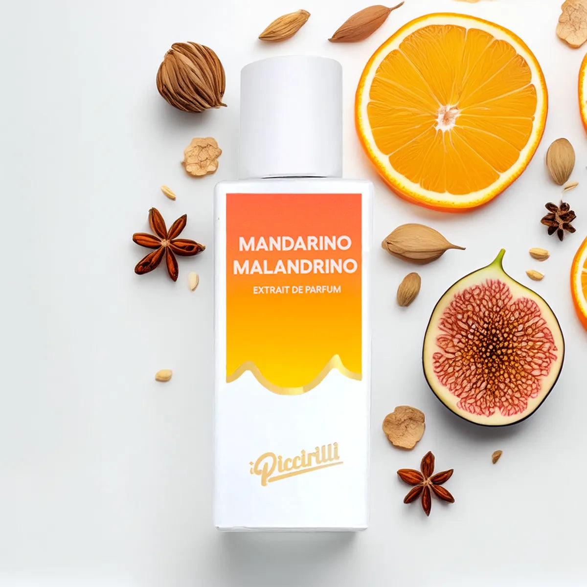 Perfume bottle labeled 'Mandarino Malandrino' with orange slices, fig, and spices on a white background