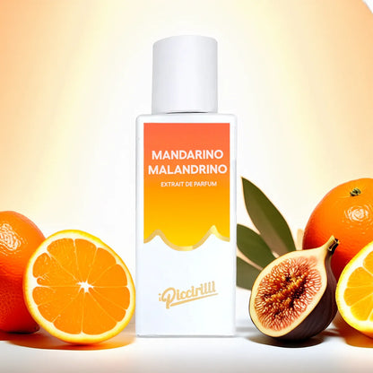 Perfume bottle labeled 'Mandarino Malandrino' surrounded by oranges and figs on a gradient background