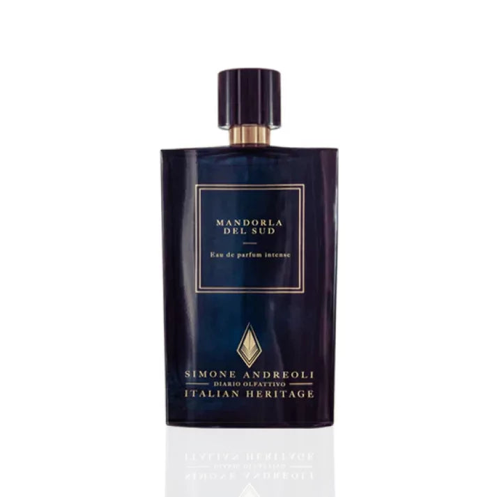 Simone Andreoli Mandorla del Sud Eau de Parfum Intense in deep blue glass bottle with gold label and dark cap on white background
