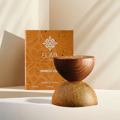 Mango Oud by LOVA luxury niche perfume bottle with packaging on neutral beige background
