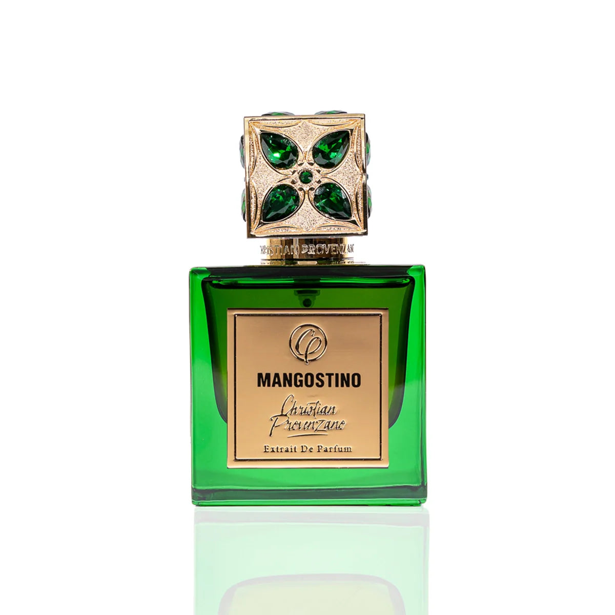 Christian Provenzano Mangostino Extrait de Parfum in emerald green glass bottle with gold label and jewel-studded cap