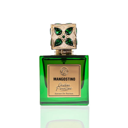 Christian Provenzano Mangostino Extrait de Parfum in emerald green glass bottle with gold label and jewel-studded cap