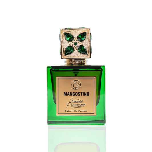 Christian Provenzano Mangostino Extrait de Parfum in emerald green glass bottle with gold label and jewel-studded cap