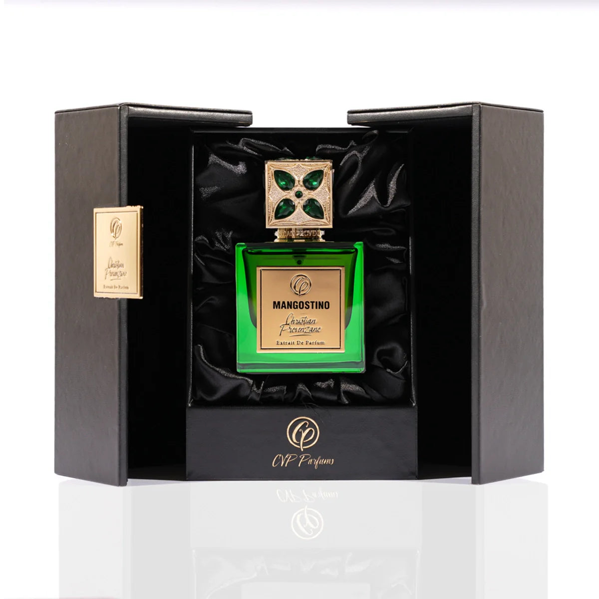 Christian Provenzano Mangostino Extrait de Parfum displayed in a premium black box with satin interior and emerald green bottle