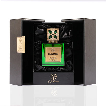 Christian Provenzano Mangostino Extrait de Parfum displayed in a premium black box with satin interior and emerald green bottle
