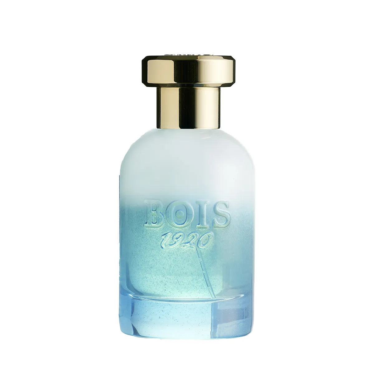 Perfume bottle with gold cap on a white background