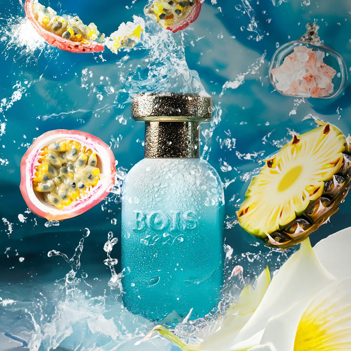Blue bottle labeled 'BOIS' surrounded by tropical fruits on a blue background