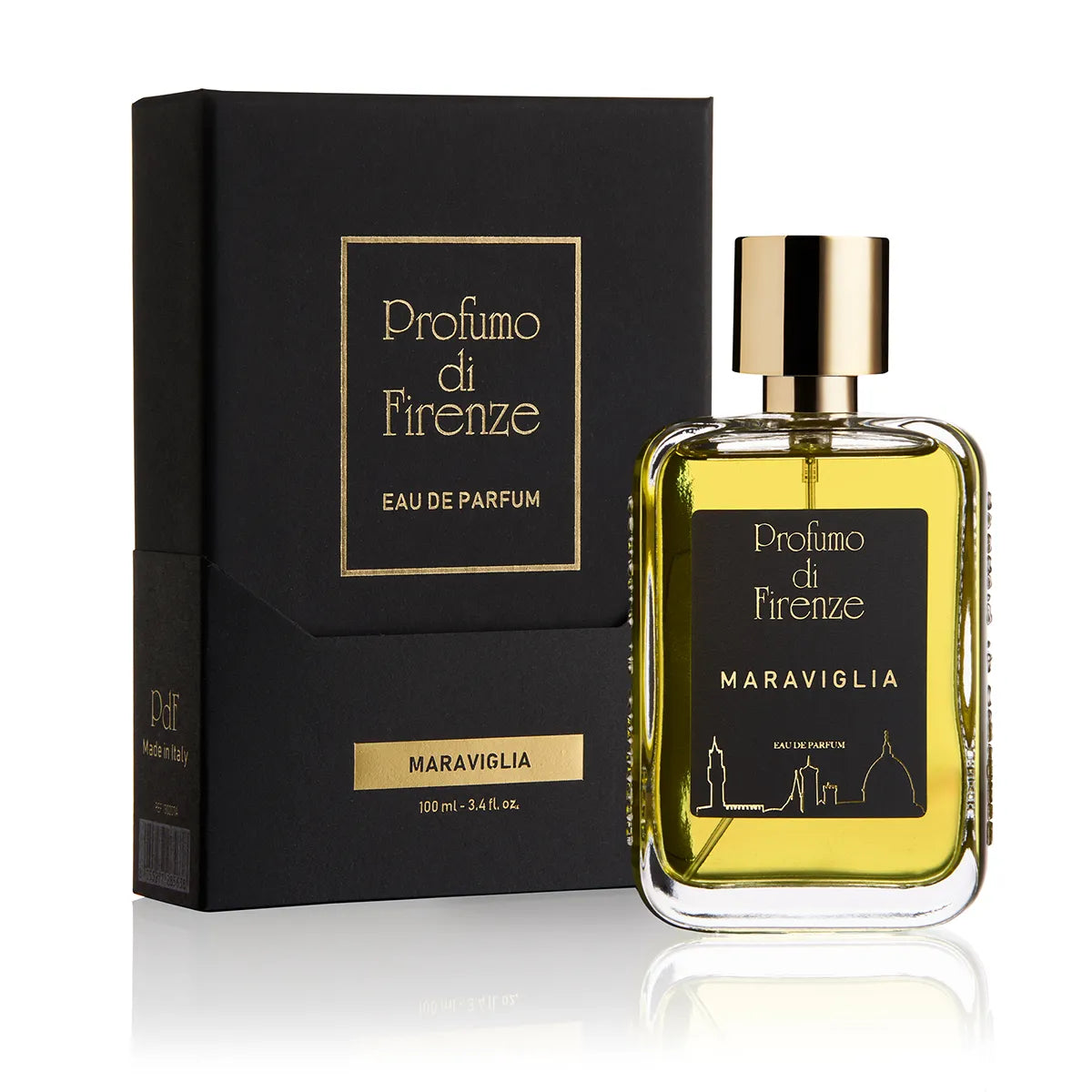 Perfume bottle and packaging of Profumo di Firenze Maraviglia on a white background