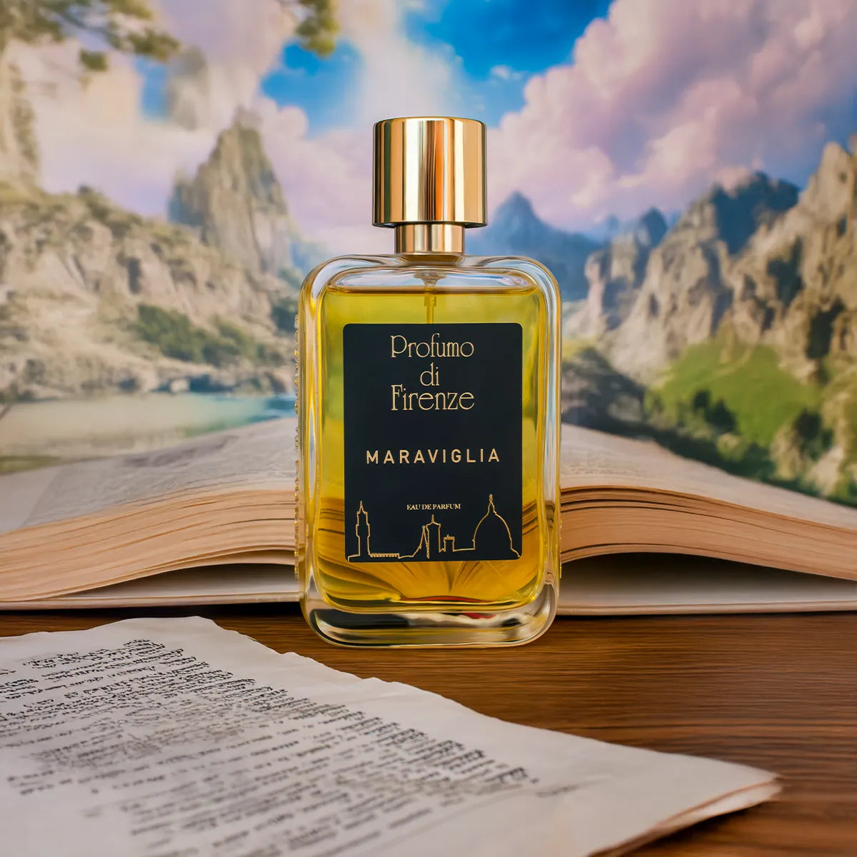 Perfume bottle labeled 'Proflumo di Firenze Maraviglia' on an open book with a scenic background