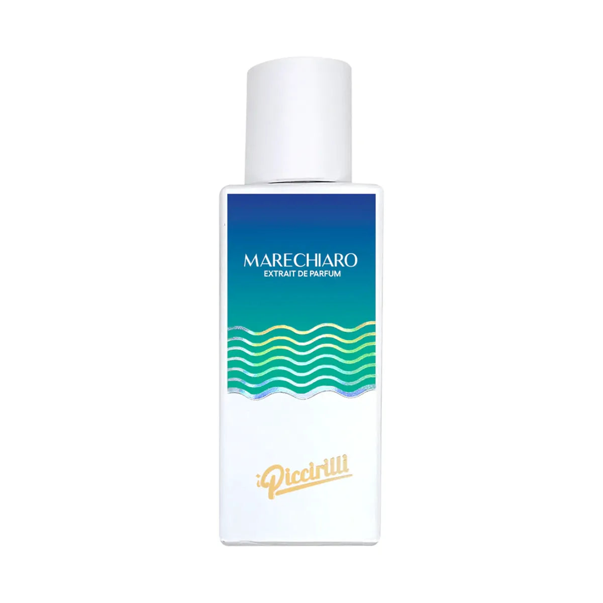 Perfume bottle with blue label and white cap on a white background
