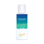Perfume bottle with blue label and white cap on a white background