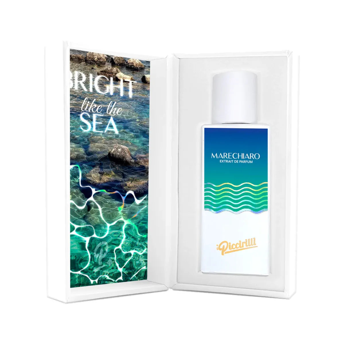 Perfume bottle with packaging featuring ocean imagery and Marchearo branding.