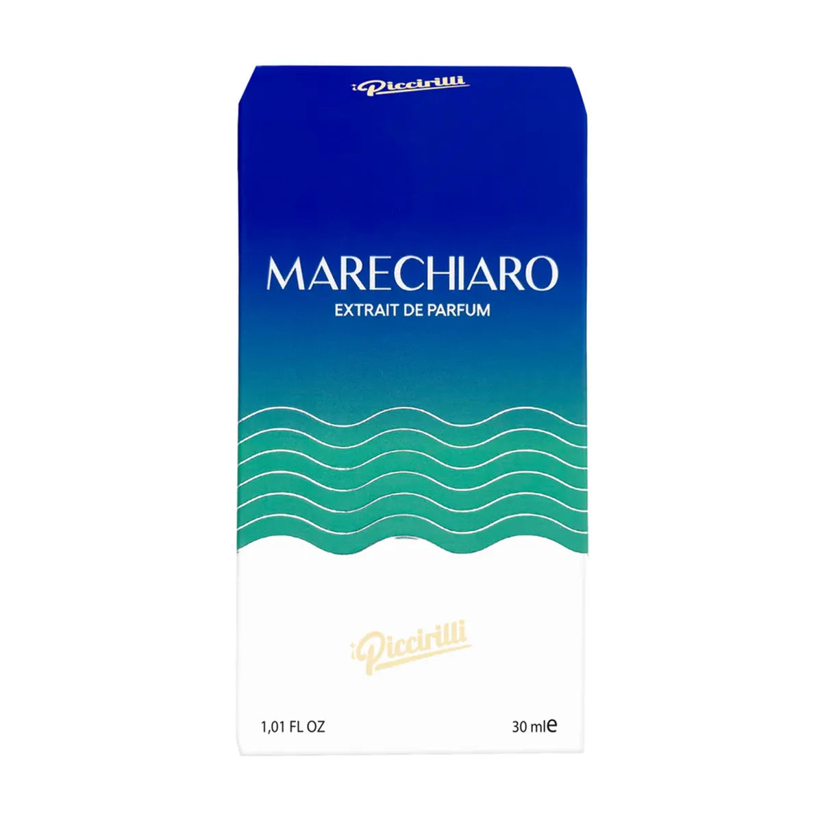 Marechiaro perfume packaging with blue and green gradient on a white background