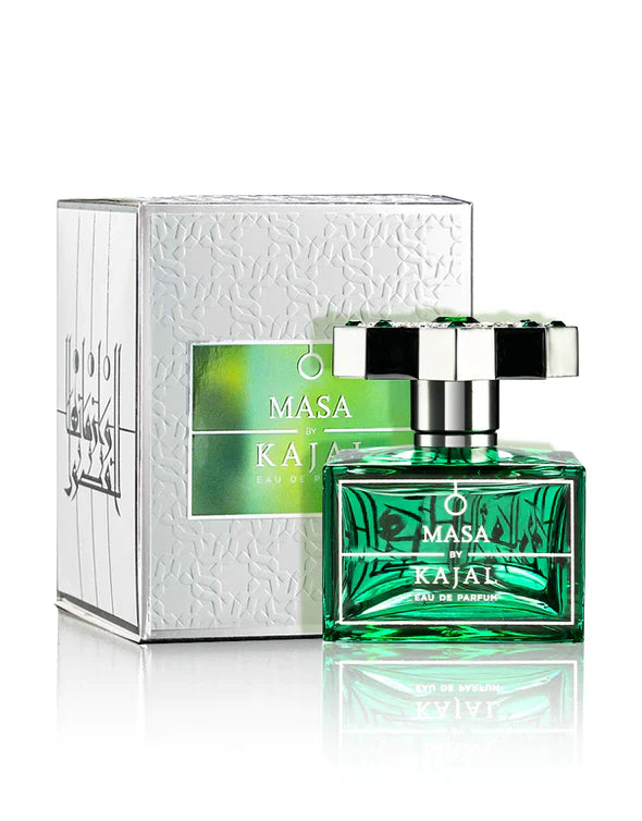 Masa by Kajal Eau de Parfum green glass perfume bottle with silver cap and textured white box packaging