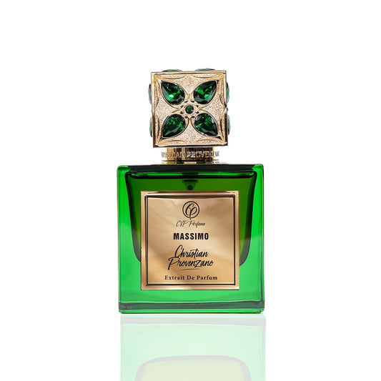 Christian Provenzano Massimo Extrait de Parfum green glass bottle with gold plaque and ornate cap featuring green gemstone accents