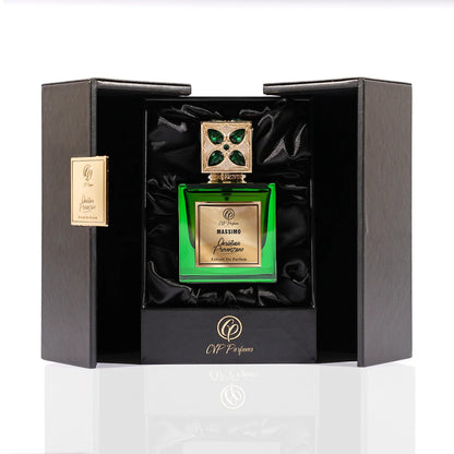 Christian Provenzano Massimo Extrait de Parfum displayed in luxury black presentation box with satin interior and gold logo detailing