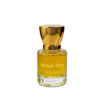 Merauki Rose huile de parfum bottle with golden liquid and cap on clean white background