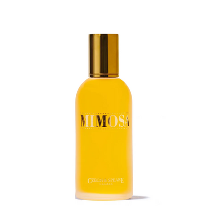 Czech & Speake Mimosa fragrance London perfume bottle with golden yellow design and elegant gold cap, luxurious floral citrus scent inspired by blooming mimosa flowers